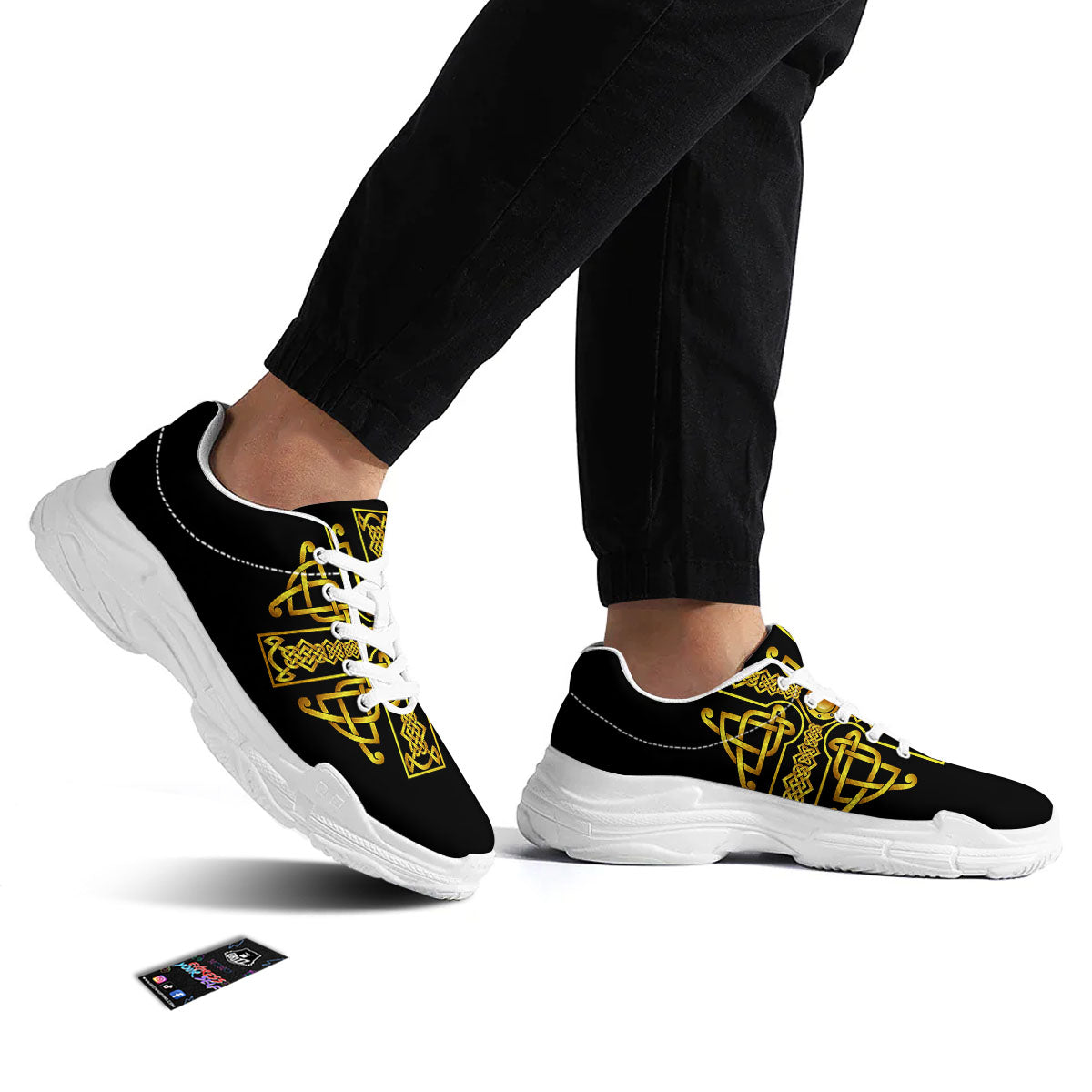 Knot Cross Gold Celtic Print White Chunky Shoes-grizzshop