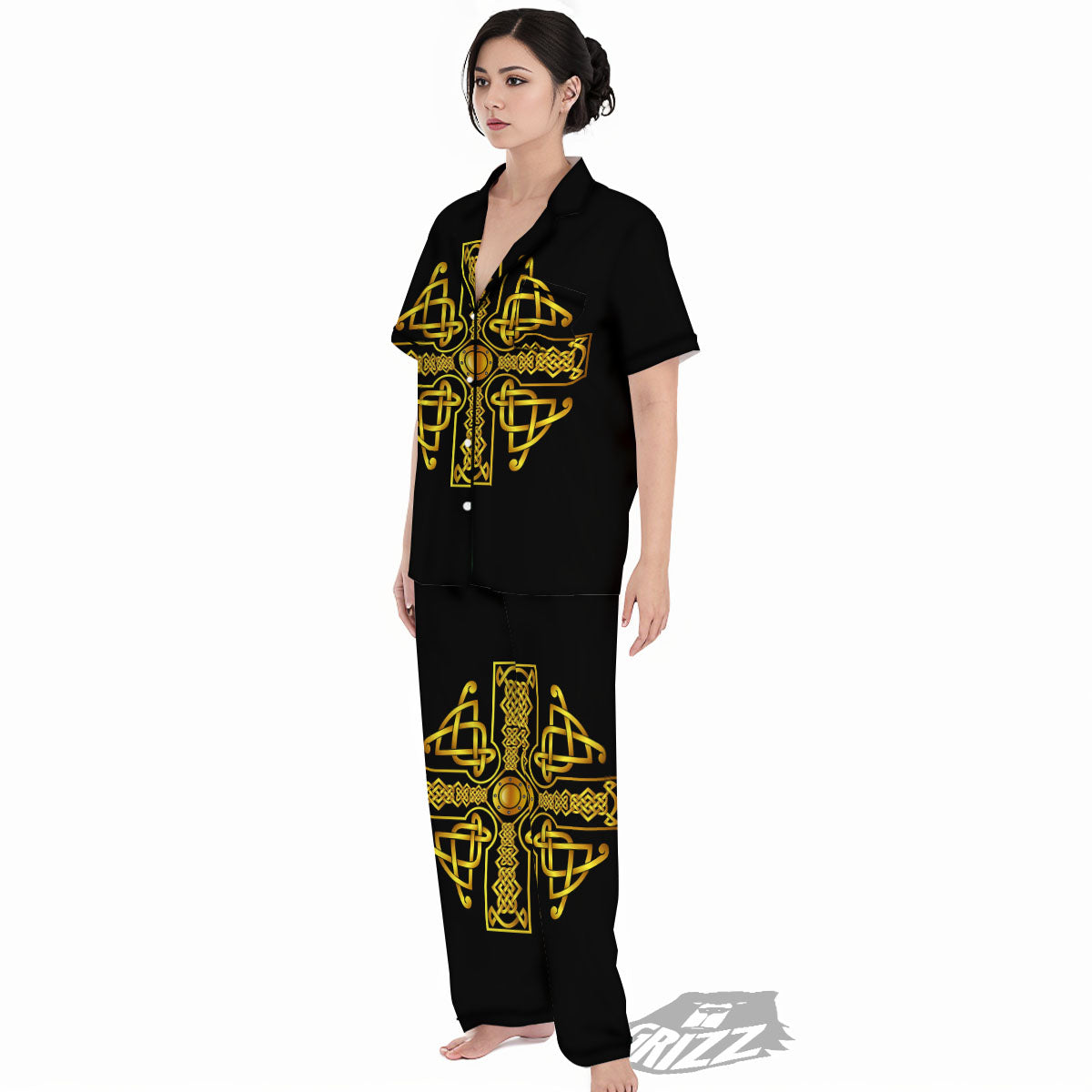 Knot Cross Gold Celtic Print Women's Pajamas Set-grizzshop