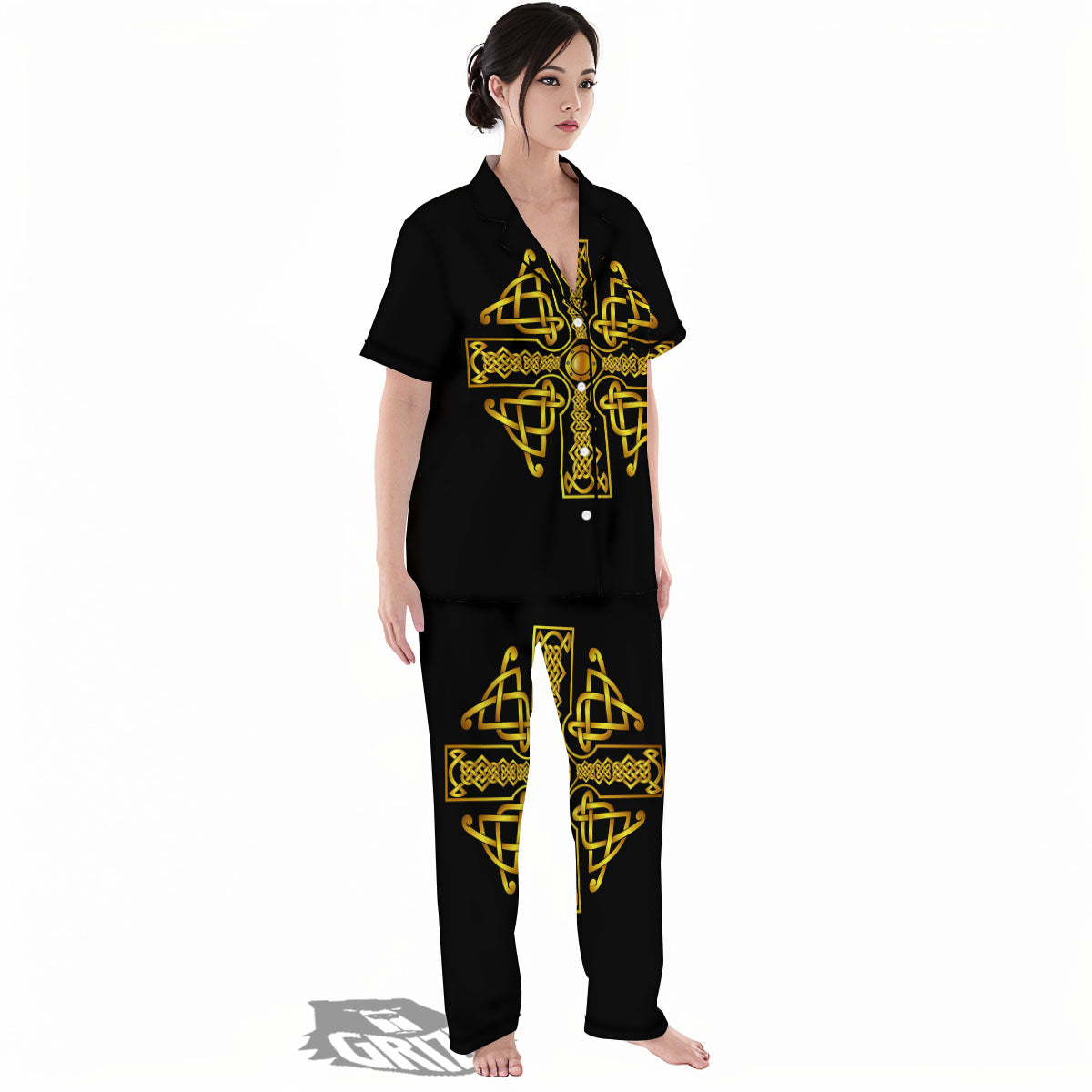 Knot Cross Gold Celtic Print Women's Pajamas Set-grizzshop