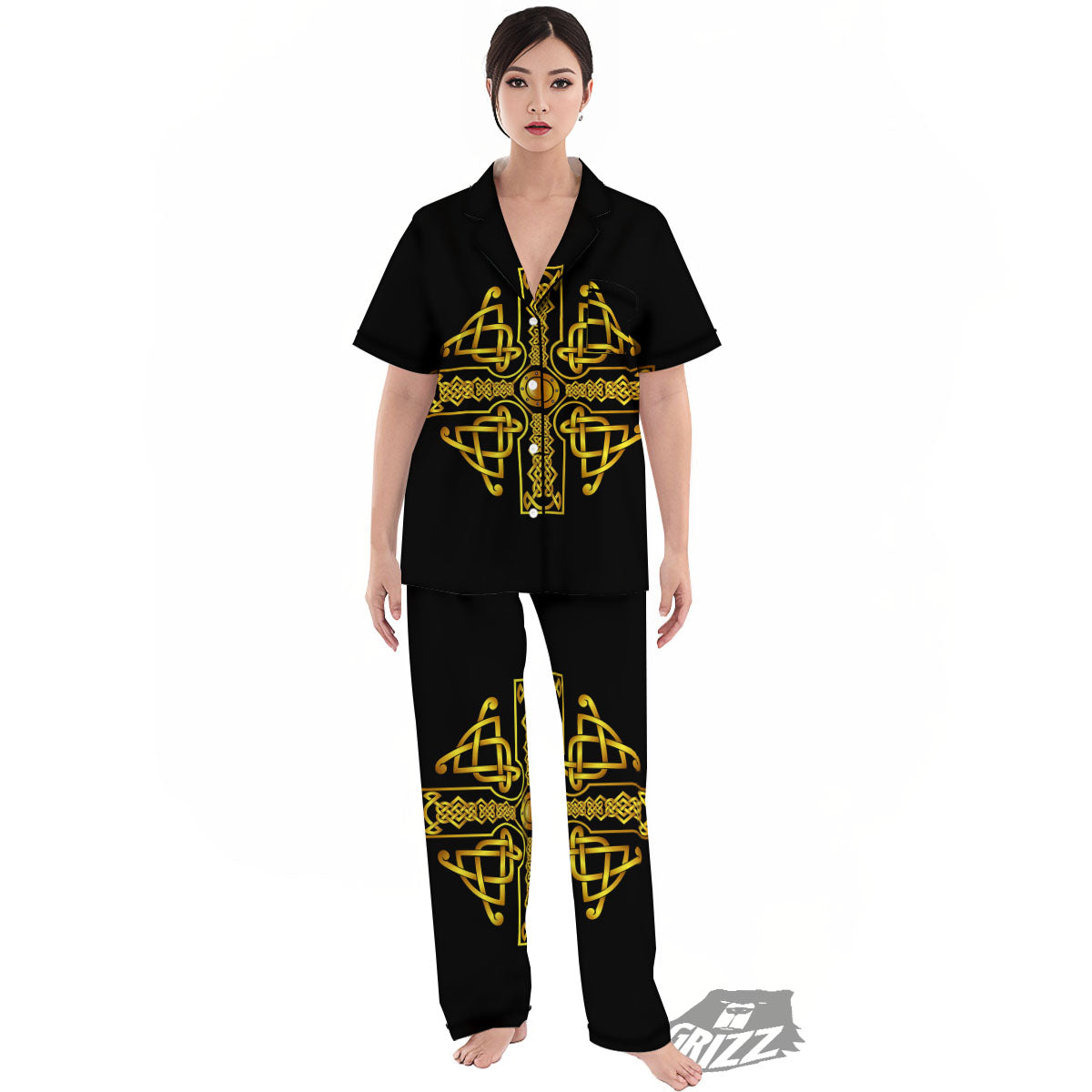 Knot Cross Gold Celtic Print Women's Pajamas Set-grizzshop