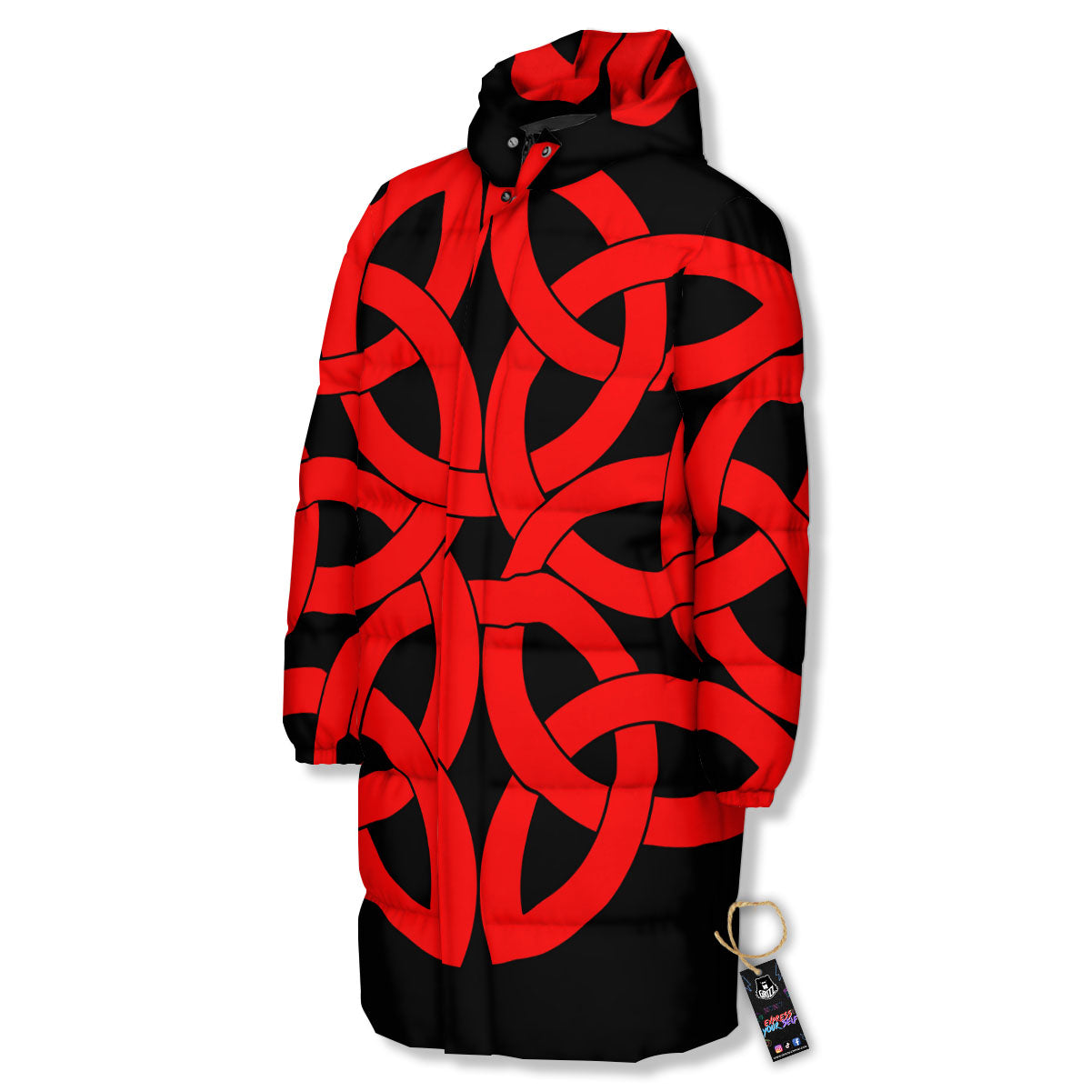 Knot Red Celtic Print Long Down Jacket-grizzshop