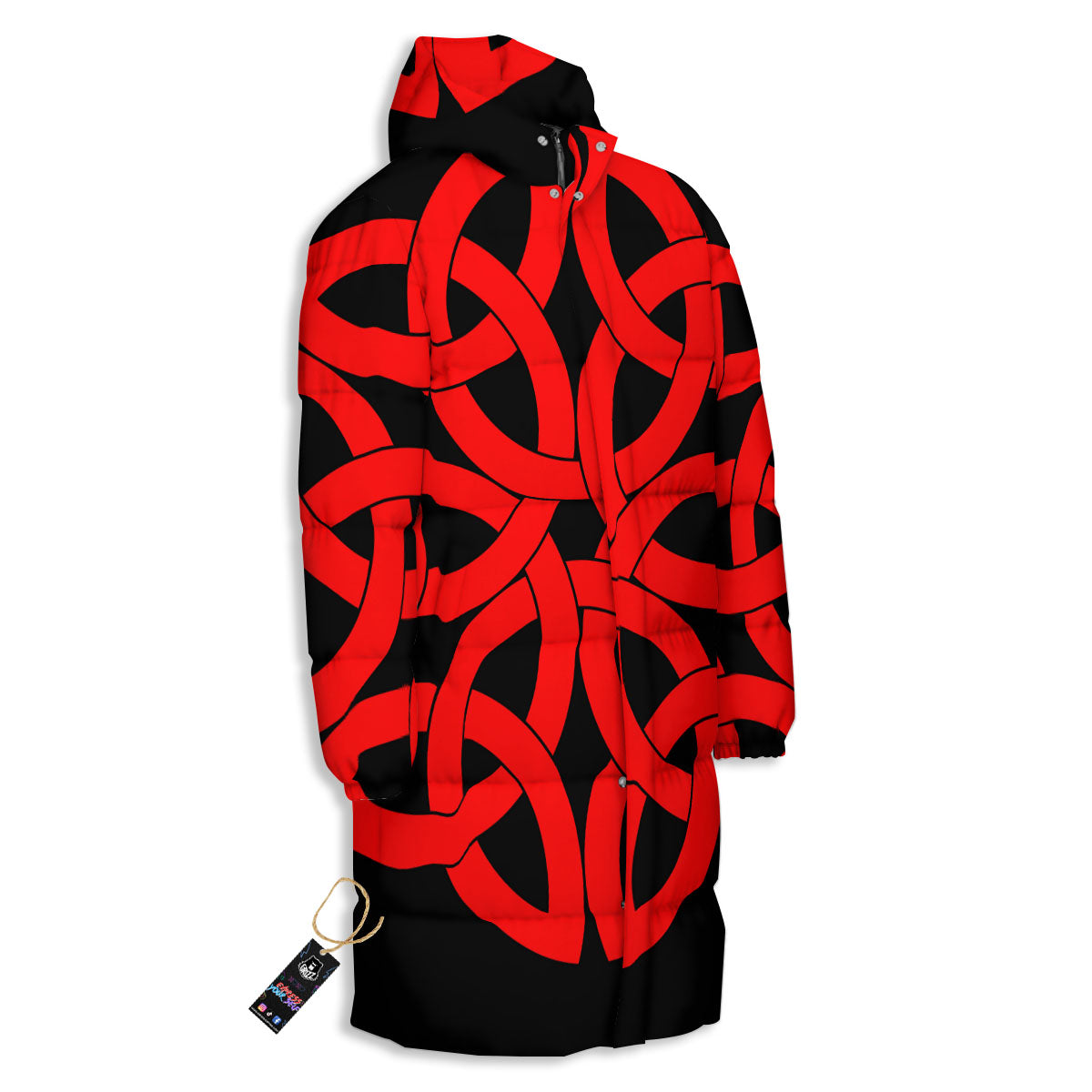 Knot Red Celtic Print Long Down Jacket-grizzshop