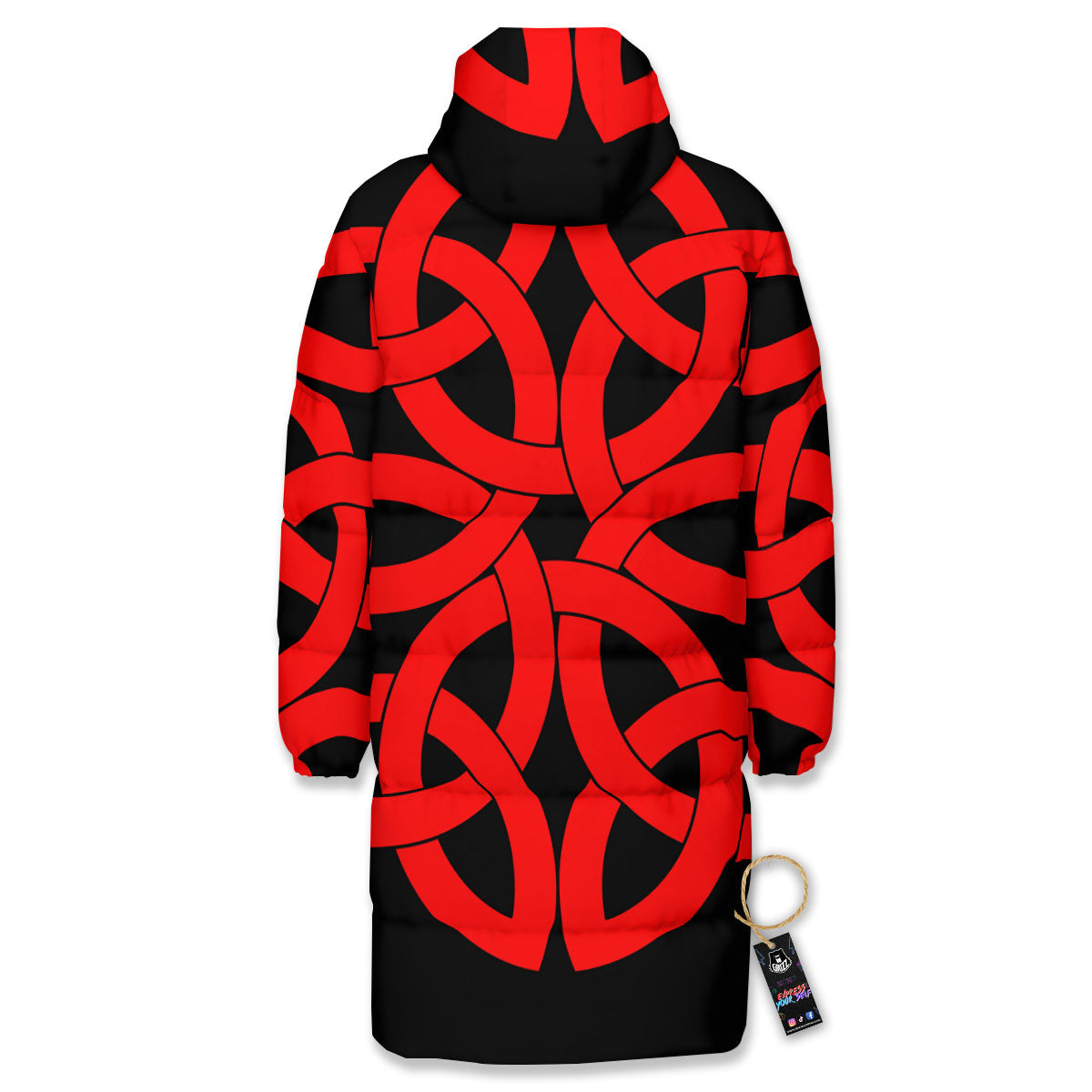 Knot Red Celtic Print Long Down Jacket-grizzshop