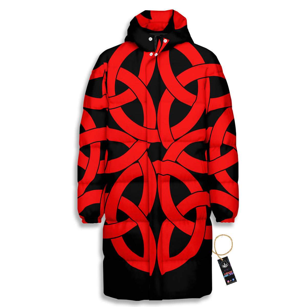 Knot Red Celtic Print Long Down Jacket-grizzshop