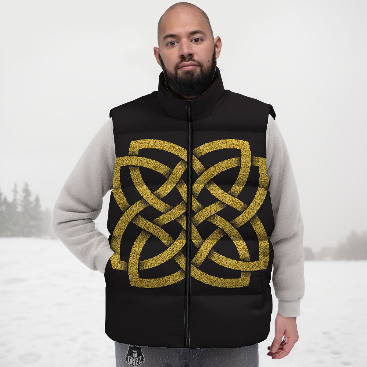 Knot Symbol Gold Celtic Print Down Vest