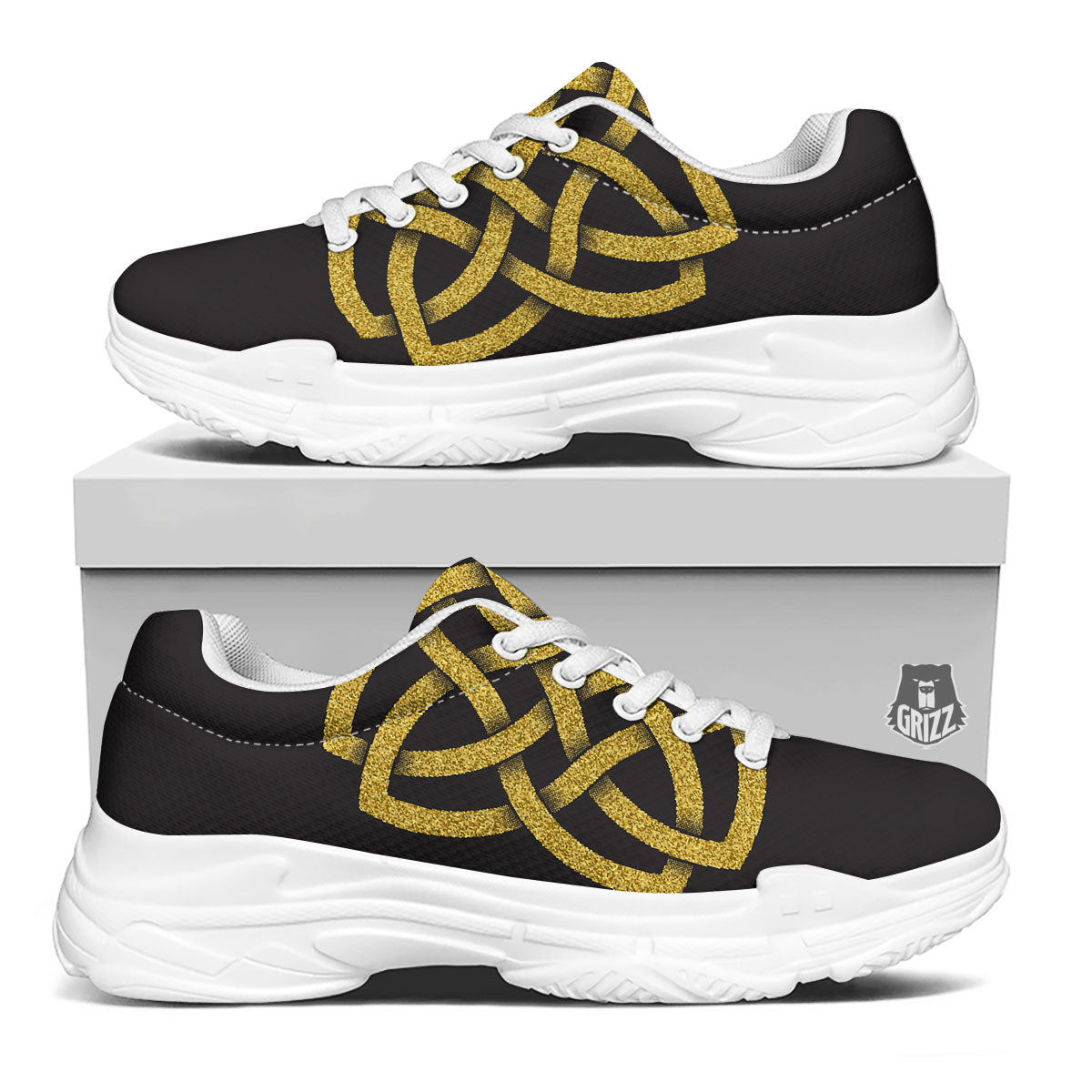 Knot Symbol Gold Celtic Print White Chunky Shoes-grizzshop