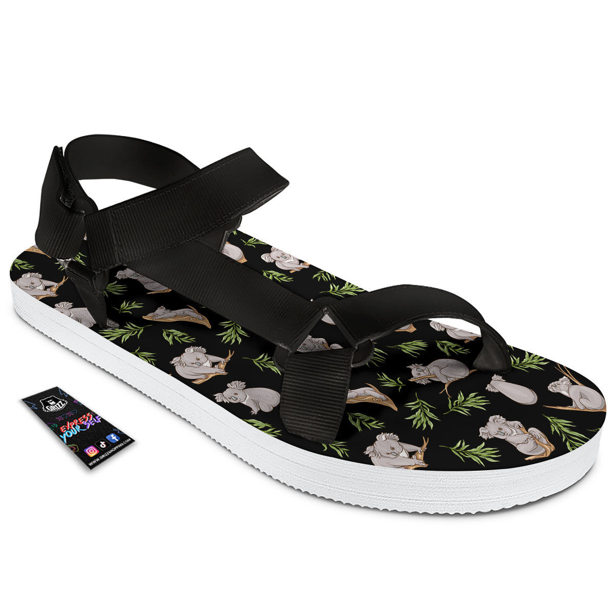 Koala Bear Black Print Pattern Black Open Toe Sandals-grizzshop