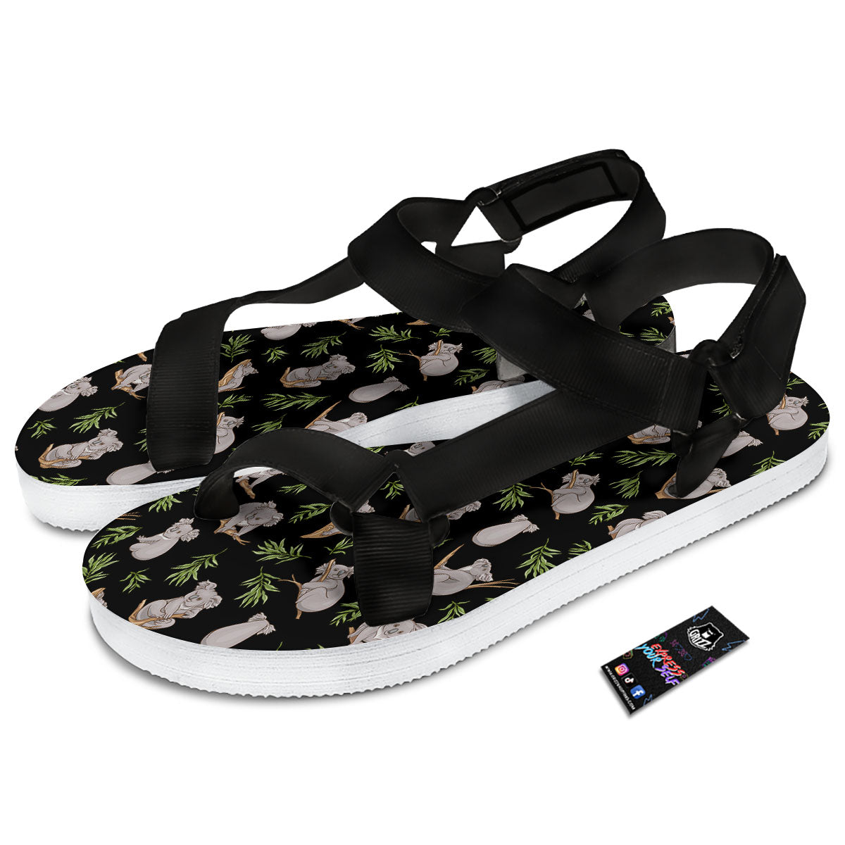 Koala Bear Black Print Pattern Black Open Toe Sandals-grizzshop