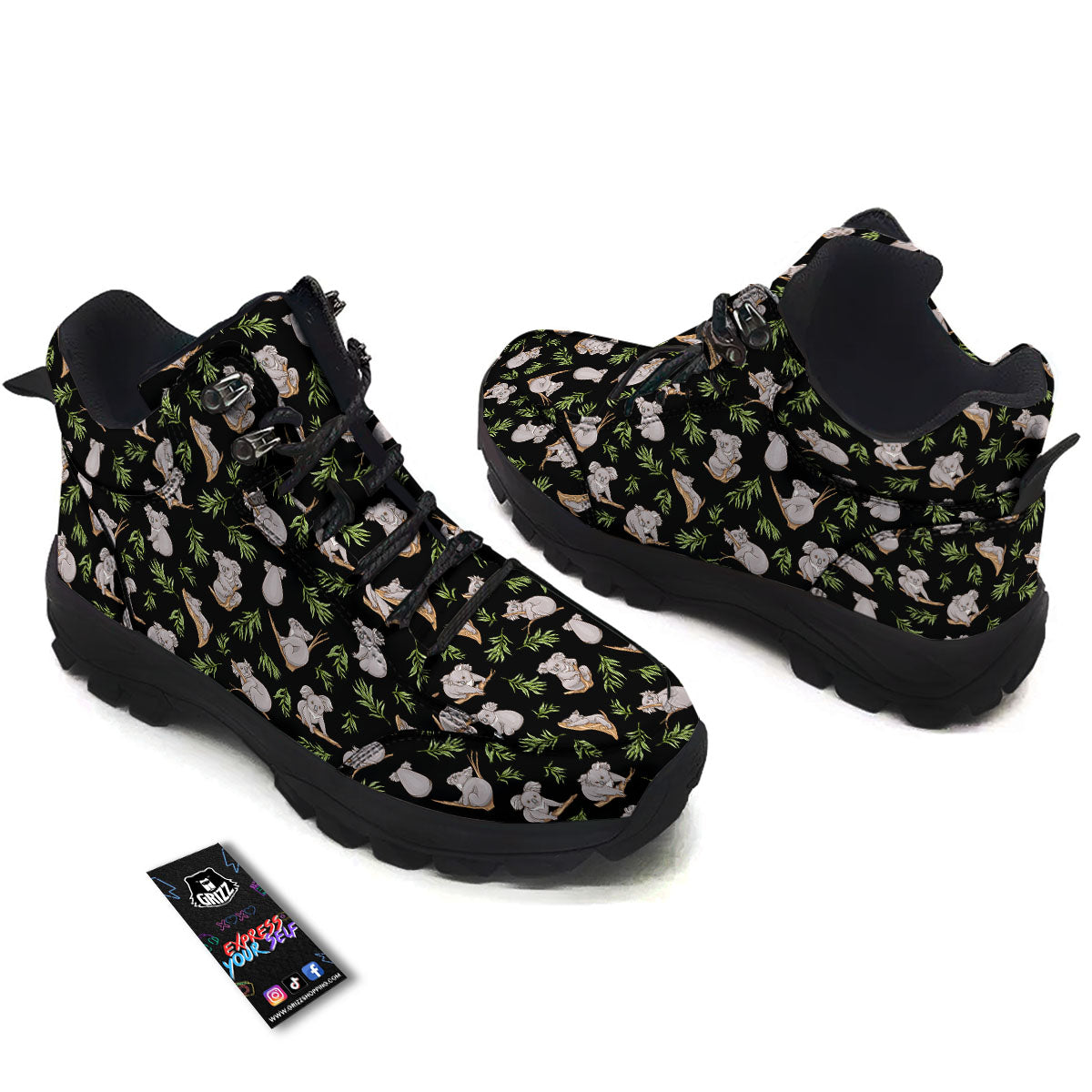 Koala Bear Black Print Pattern Hiking Shoes-grizzshop