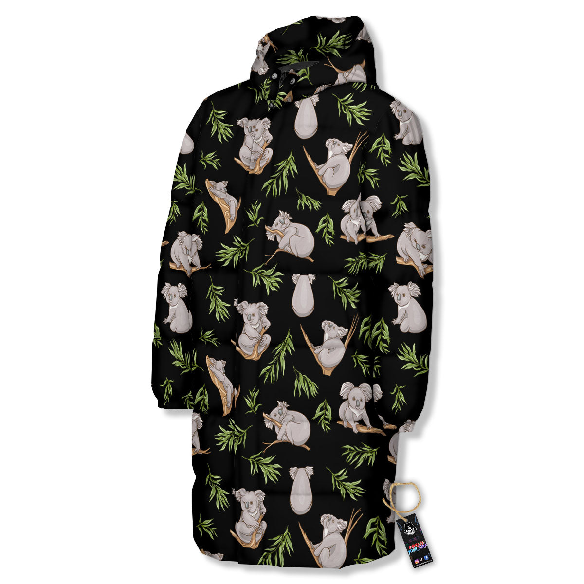 Koala Bear Black Print Pattern Long Down Jacket-grizzshop