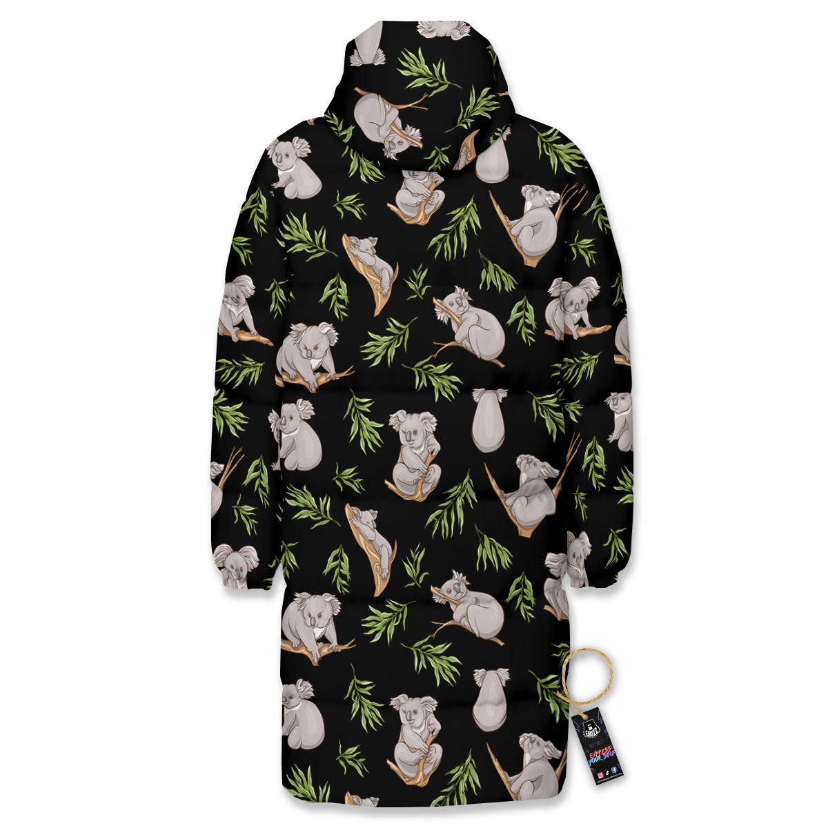Koala Bear Black Print Pattern Long Down Jacket-grizzshop
