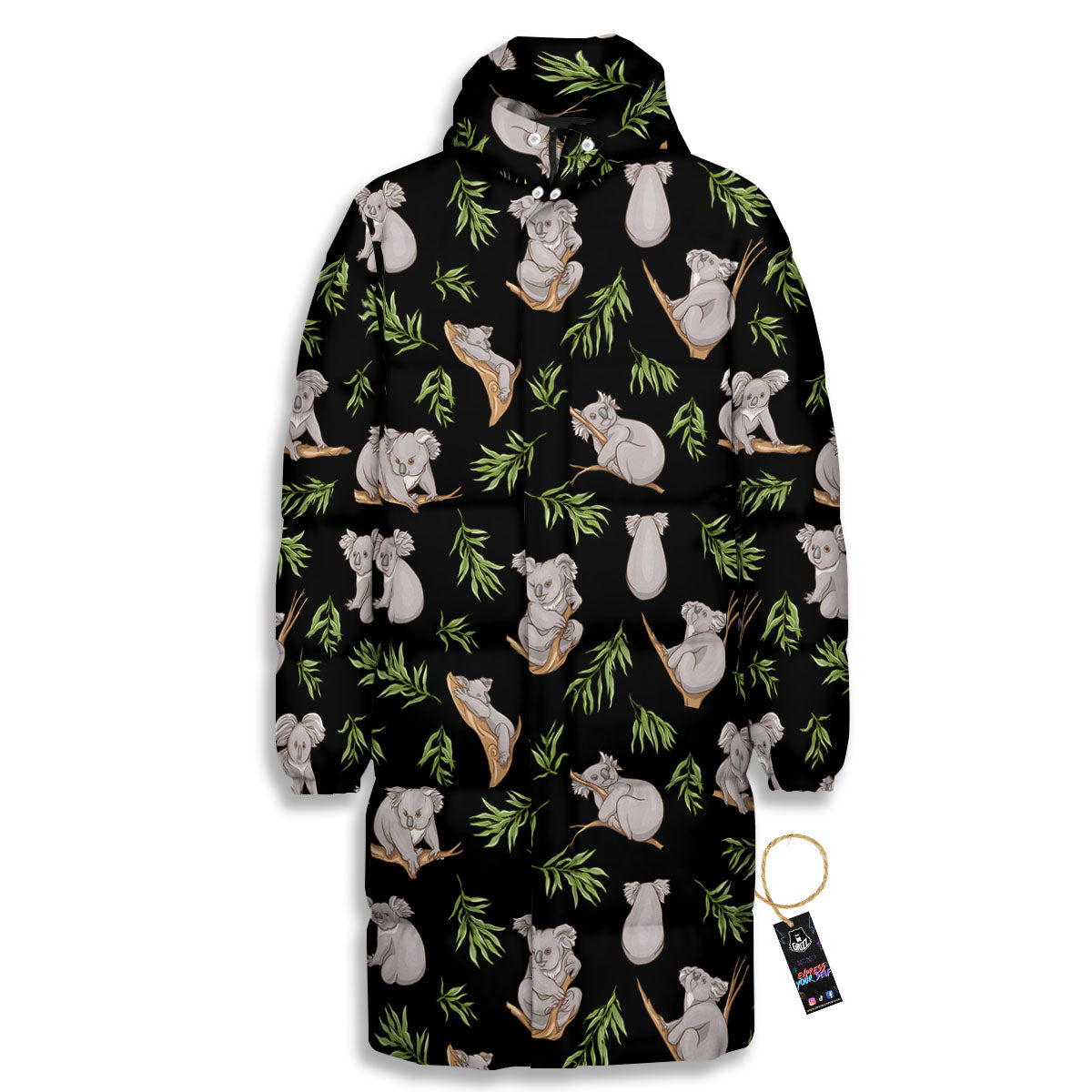 Koala Bear Black Print Pattern Long Down Jacket-grizzshop