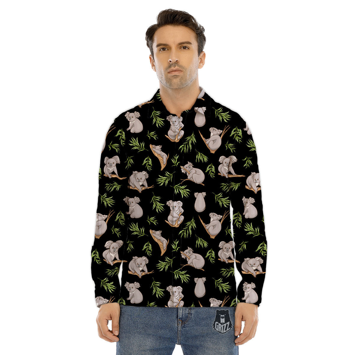 Koala Bear Black Print Pattern Men's Dress Shirts-grizzshop