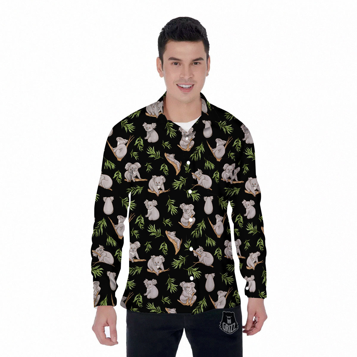 Koala Bear Black Print Pattern Men's Long Sleeve Shirts-grizzshop