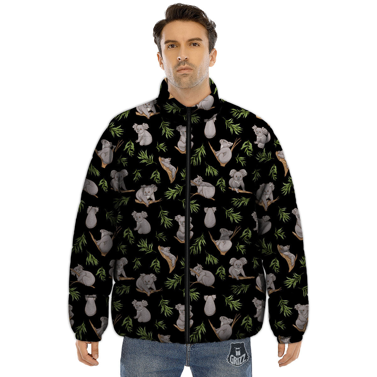 Koala Bear Black Print Pattern Puffer Jacket-grizzshop