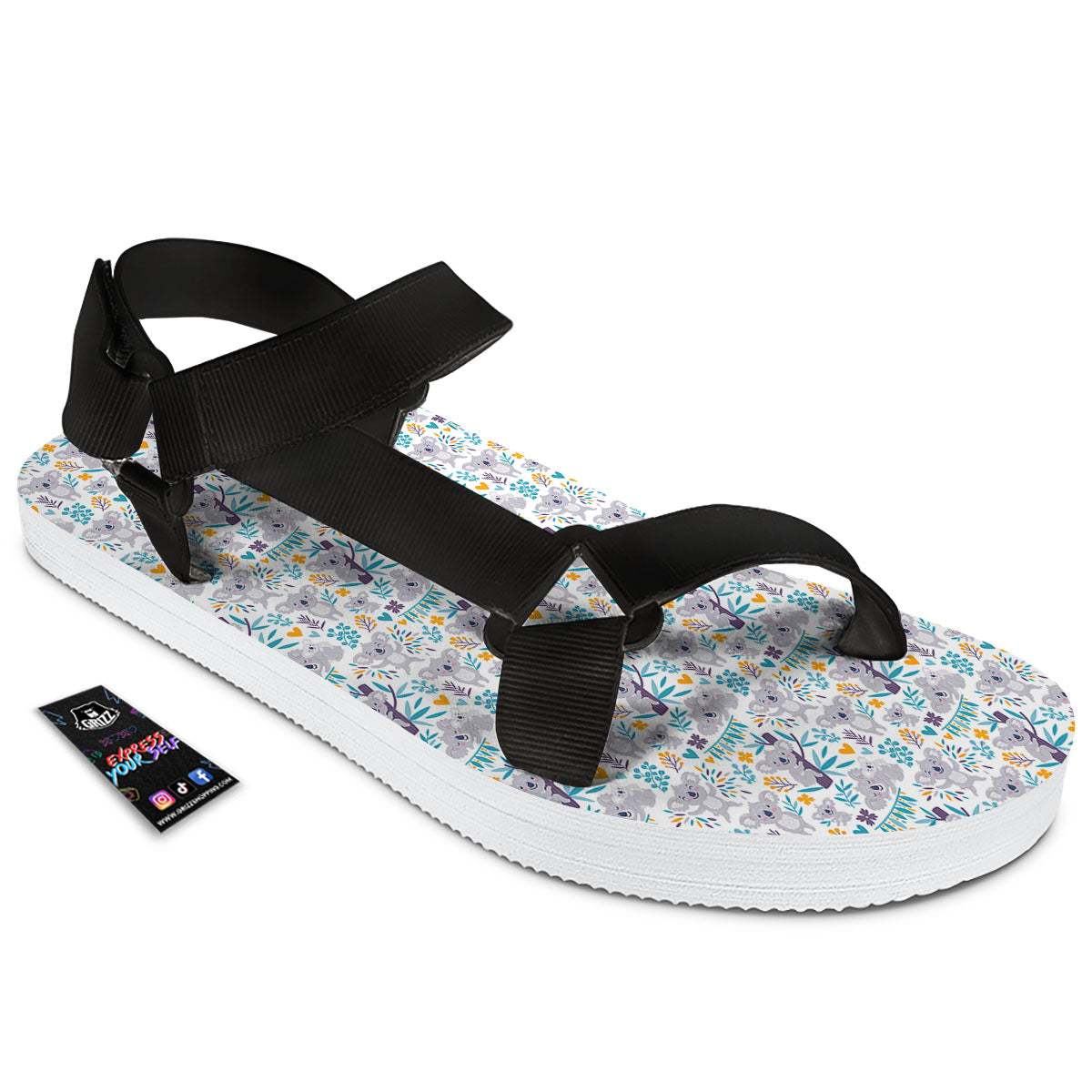 Koala Cartoon Print Pattern Black Open Toe Sandals-grizzshop