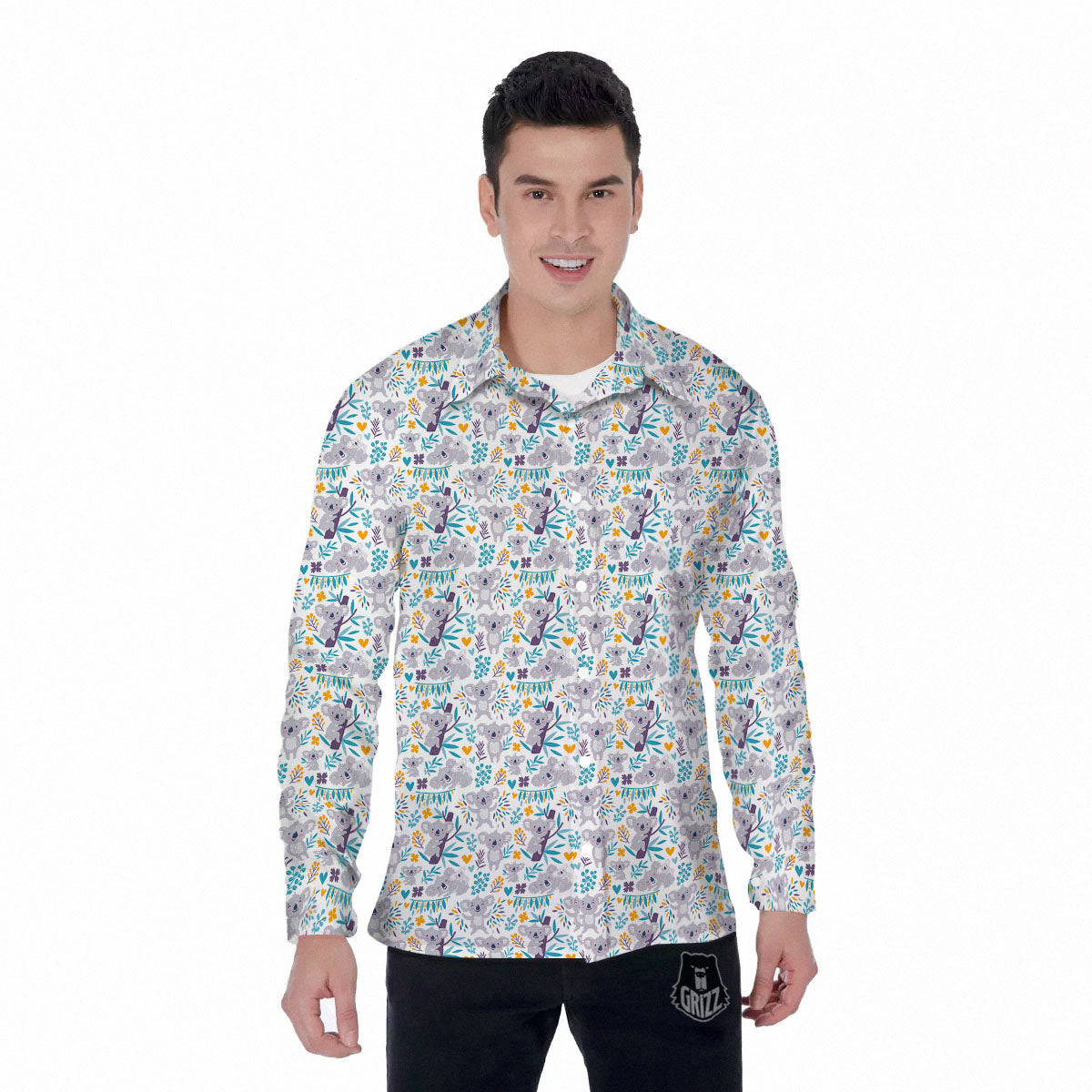 Koala Cartoon Print Pattern Men's Long Sleeve Shirts-grizzshop
