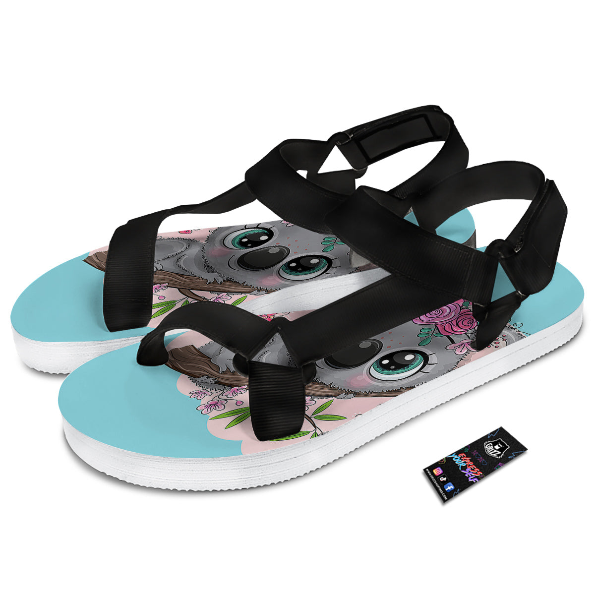 Koala Cute Print Black Open Toe Sandals-grizzshop