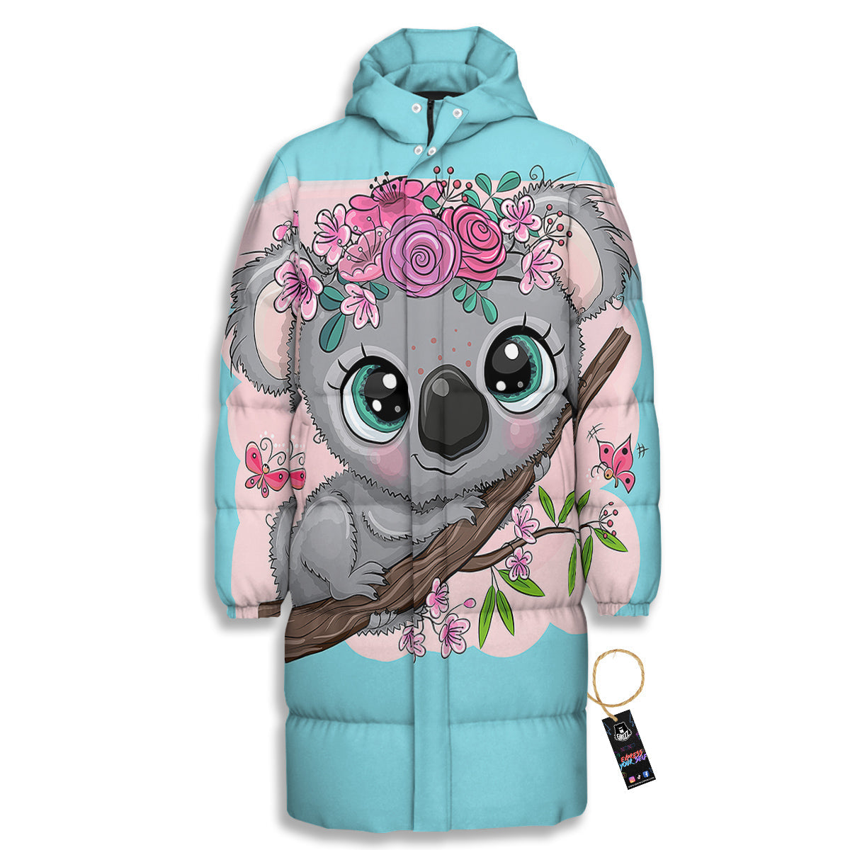 Koala Cute Print Long Down Jacket-grizzshop