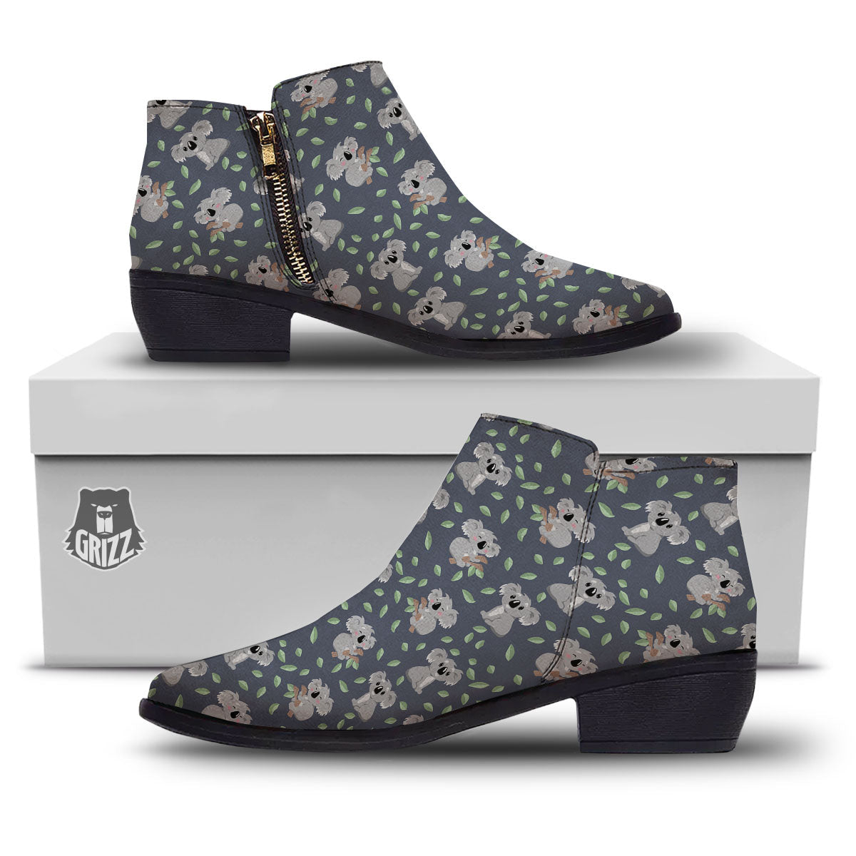 Koala Grey Print Pattern Ankle Boots-grizzshop