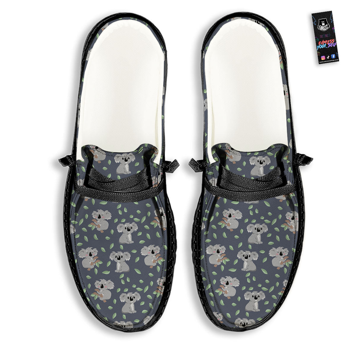 Koala Grey Print Pattern Black Loafers-grizzshop