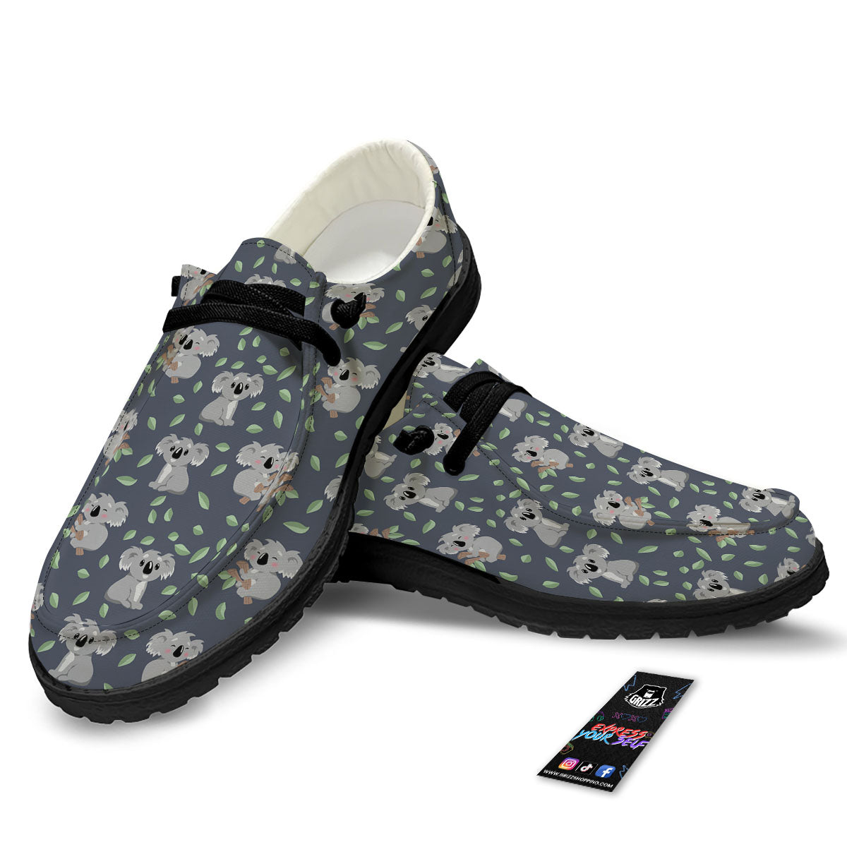 Koala Grey Print Pattern Black Loafers-grizzshop