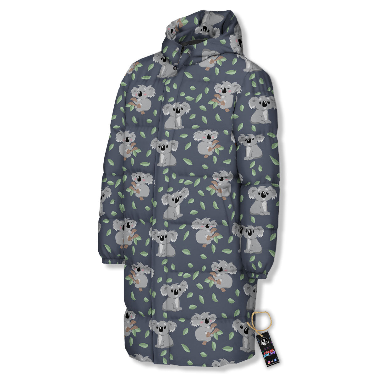 Koala Grey Print Pattern Long Down Jacket-grizzshop
