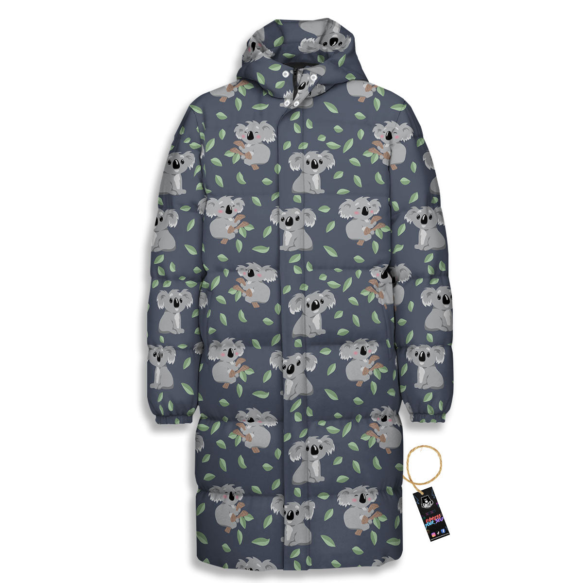 Koala Grey Print Pattern Long Down Jacket-grizzshop