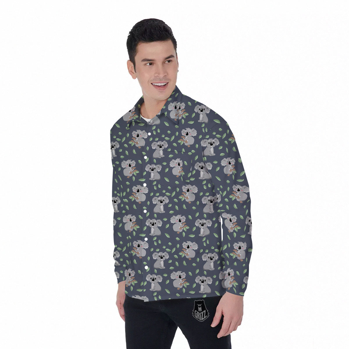Koala Grey Print Pattern Men's Long Sleeve Shirts-grizzshop