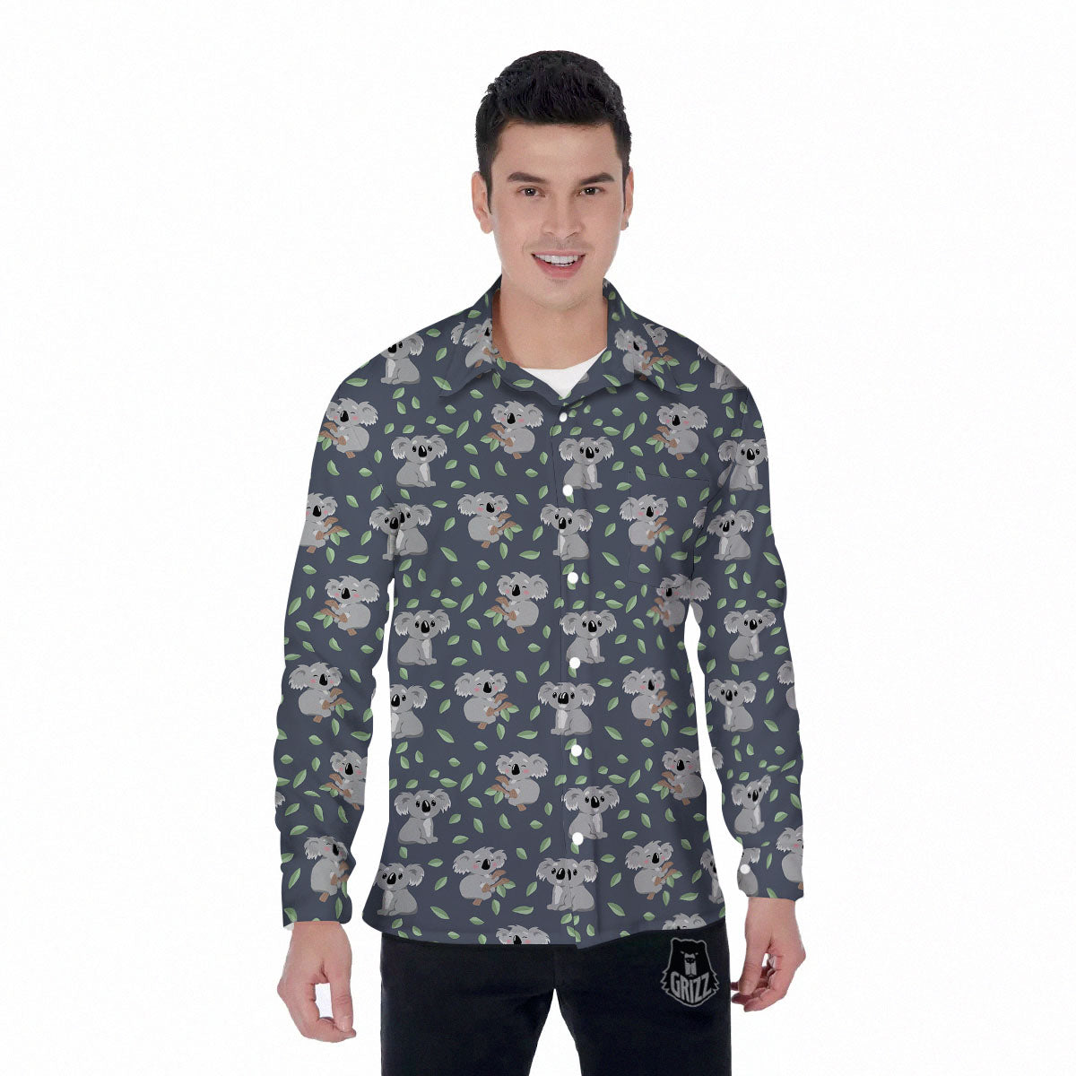 Koala Grey Print Pattern Men's Long Sleeve Shirts-grizzshop