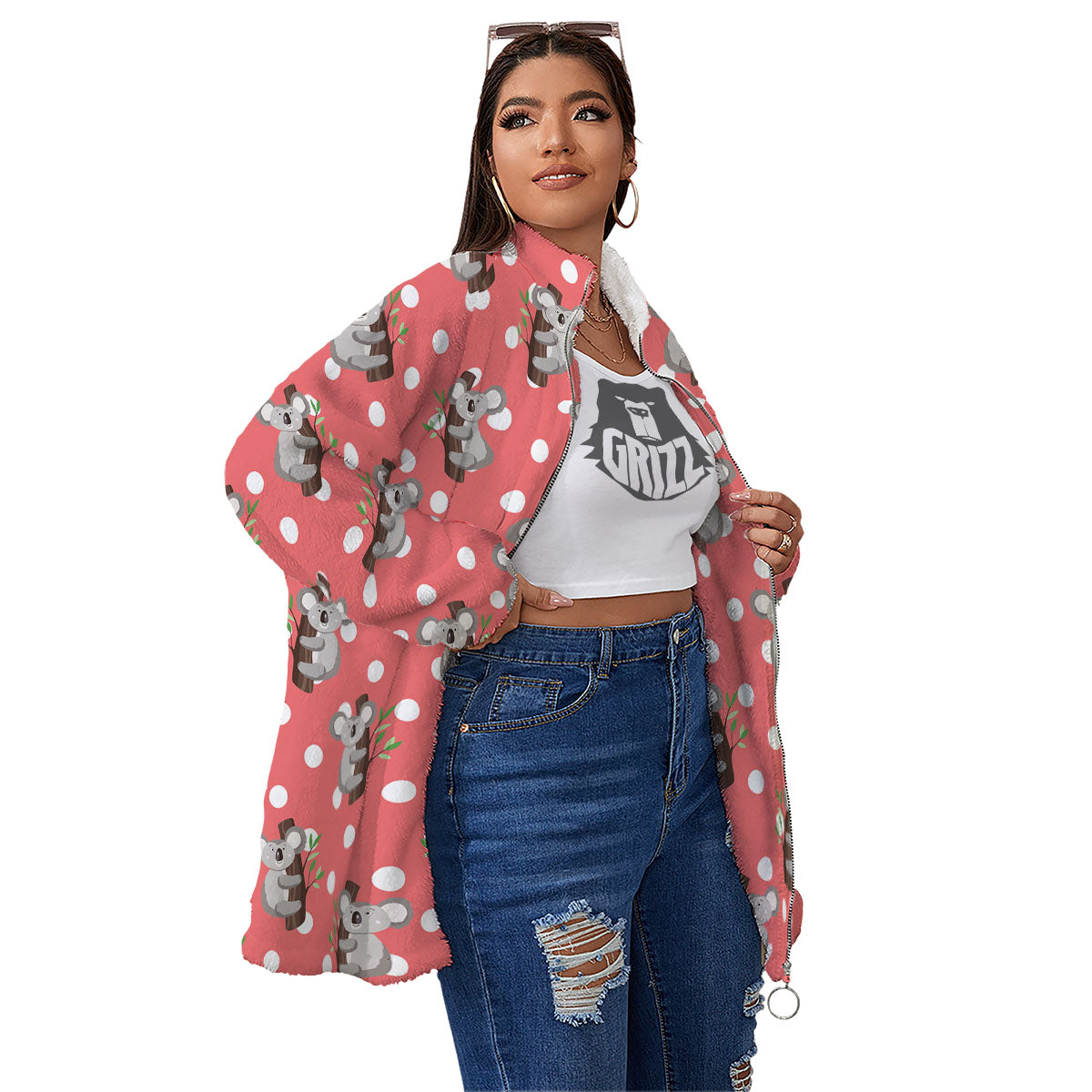 Koala Polka Dot Print Pattern Women's Sherpa Jacket-grizzshop