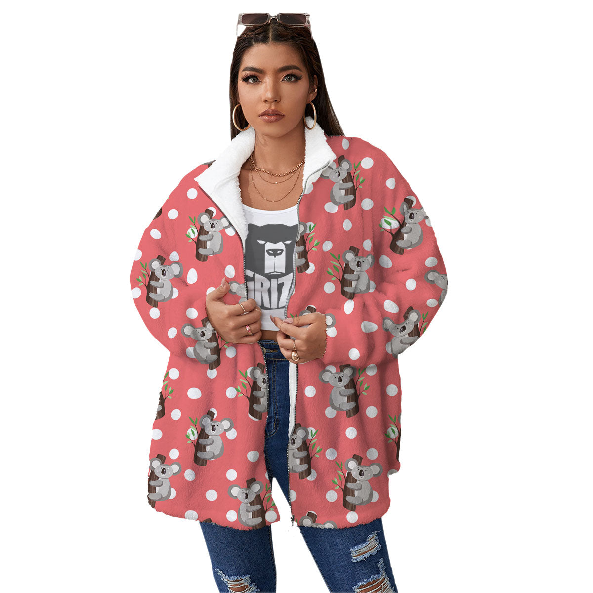 Koala Polka Dot Print Pattern Women's Sherpa Jacket-grizzshop