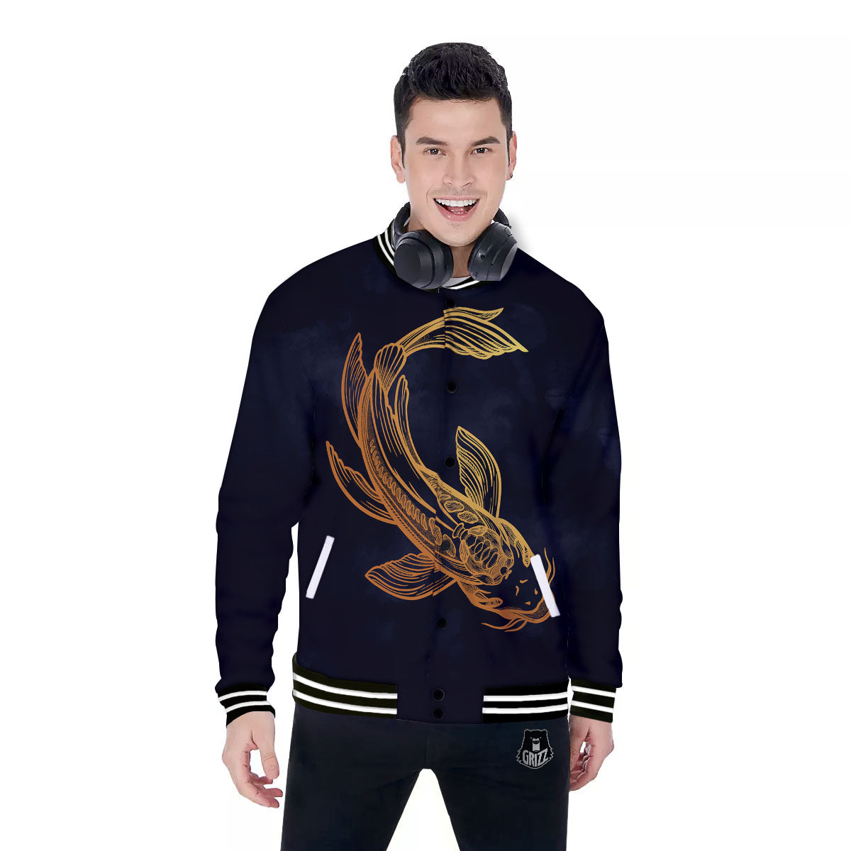 Koi Carp Golden Spiritual Print Baseball Jacket-grizzshop