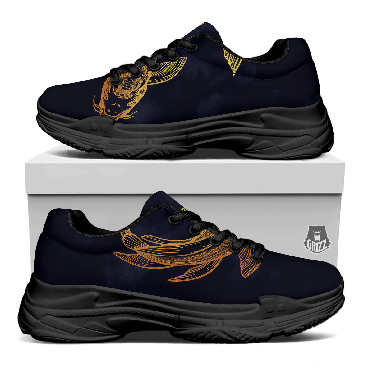 Koi Carp Golden Spiritual Print Black Chunky Shoes-grizzshop