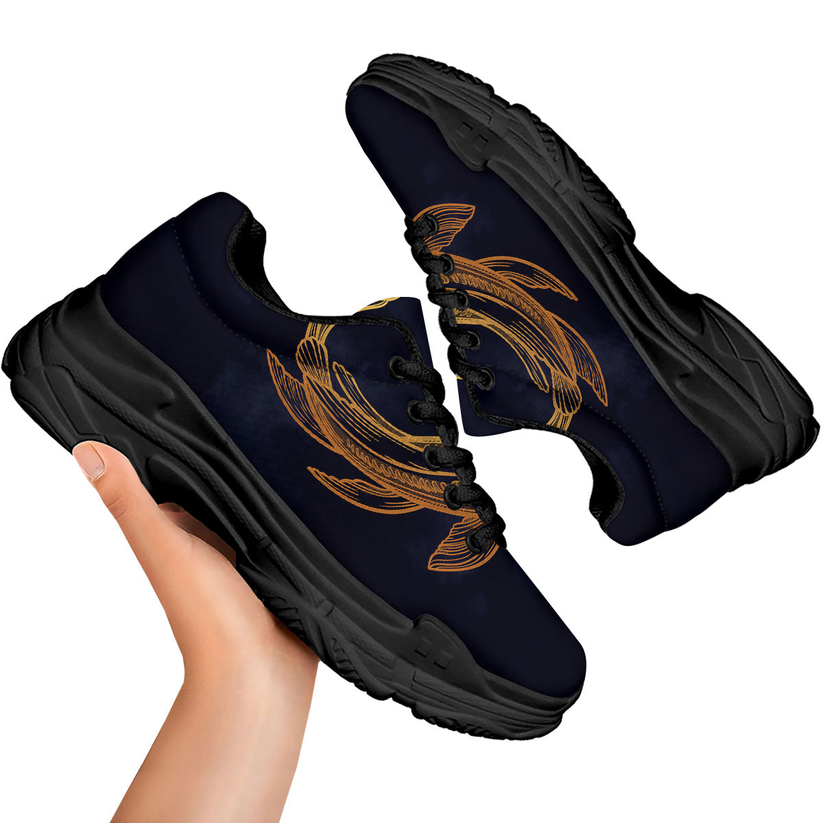 Koi Carp Golden Spiritual Print Black Chunky Shoes-grizzshop