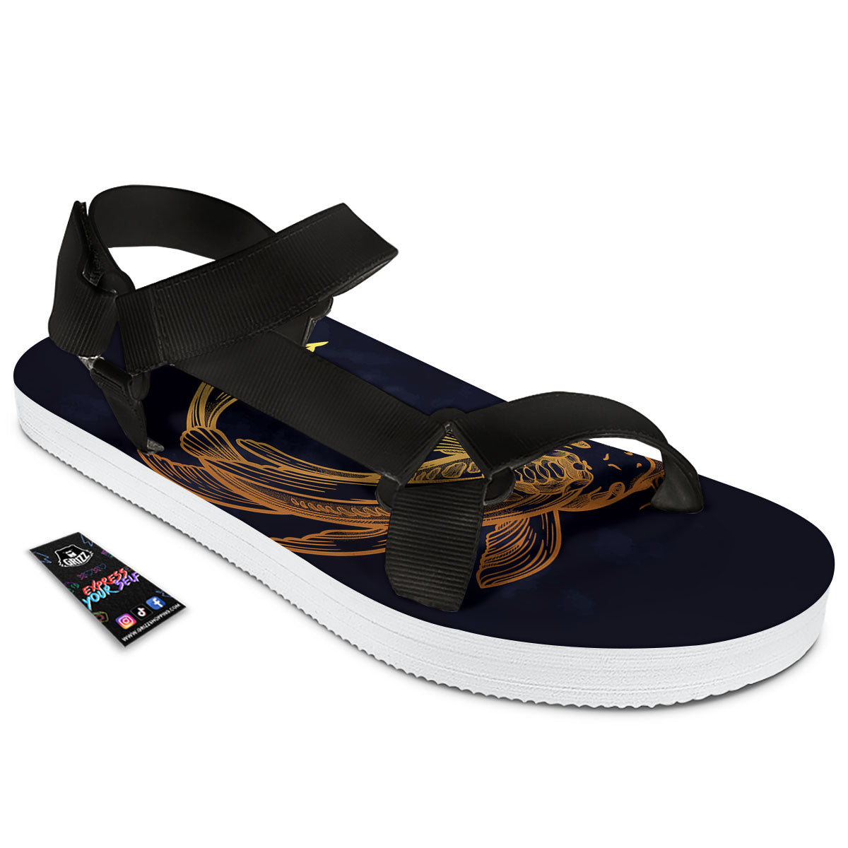 Koi Carp Golden Spiritual Print Black Open Toe Sandals-grizzshop
