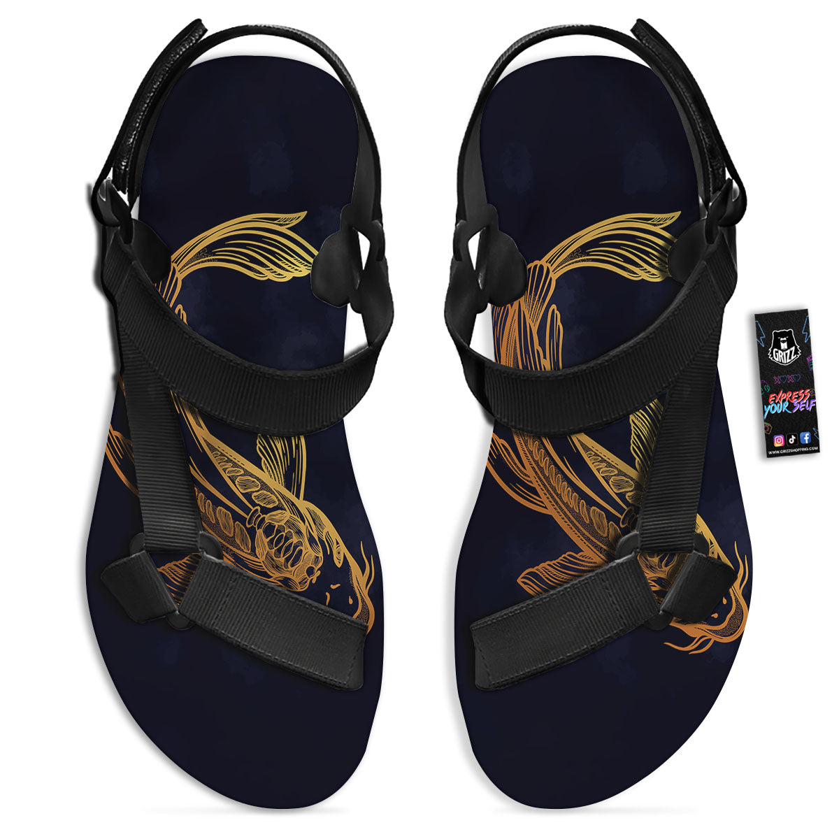 Koi Carp Golden Spiritual Print Black Open Toe Sandals-grizzshop