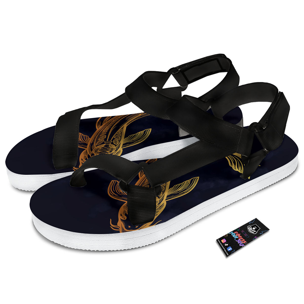 Koi Carp Golden Spiritual Print Black Open Toe Sandals-grizzshop
