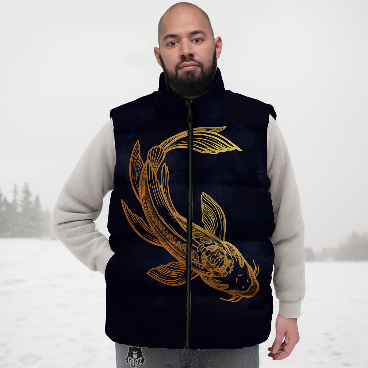 Koi Carp Golden Spiritual Print Down Vest