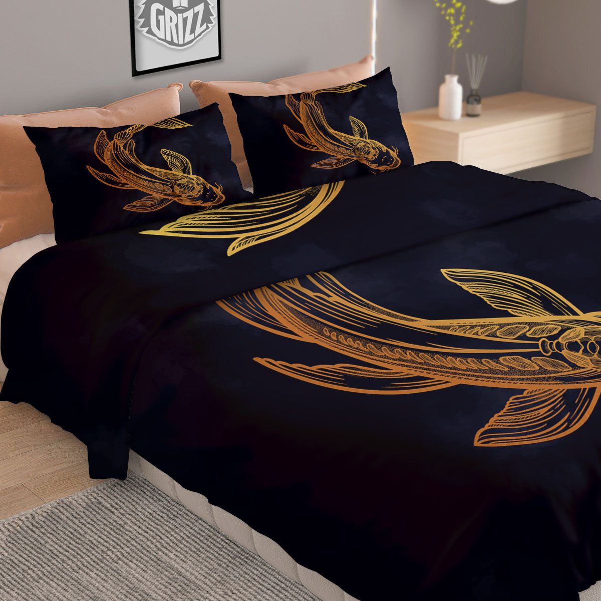 Koi Carp Golden Spiritual Print Duvet Cover Bedding Set
