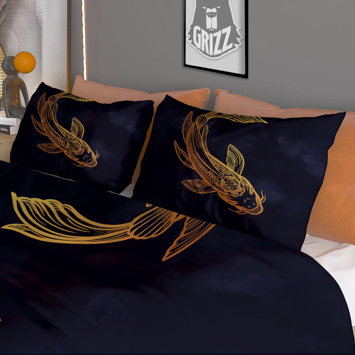 Koi Carp Golden Spiritual Print Duvet Cover Bedding Set