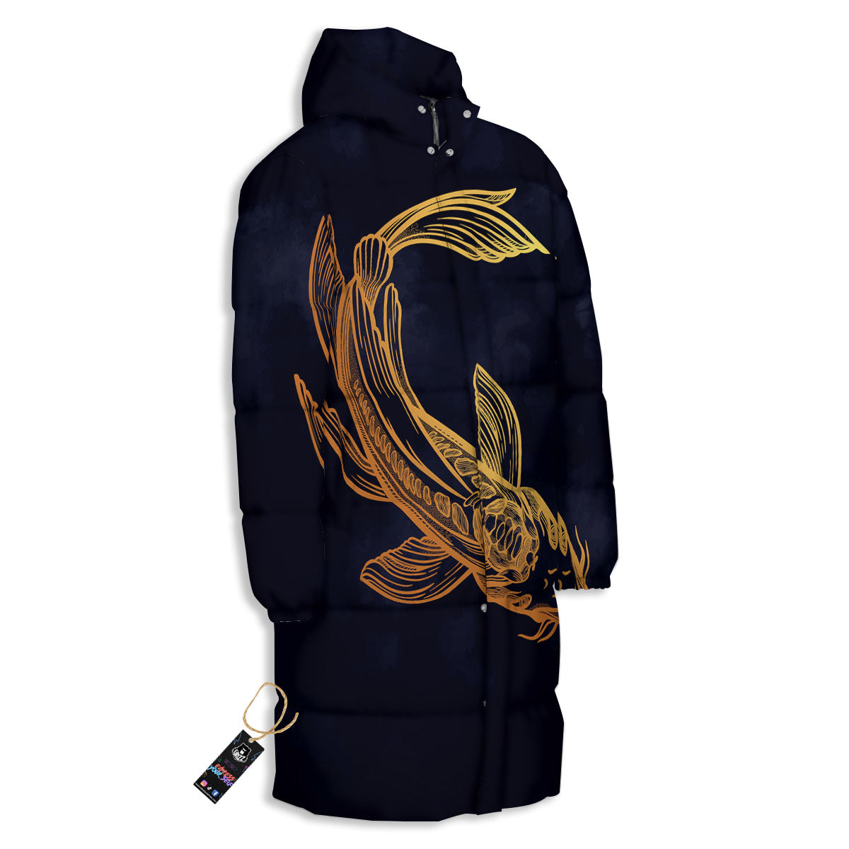 Koi Carp Golden Spiritual Print Long Down Jacket-grizzshop