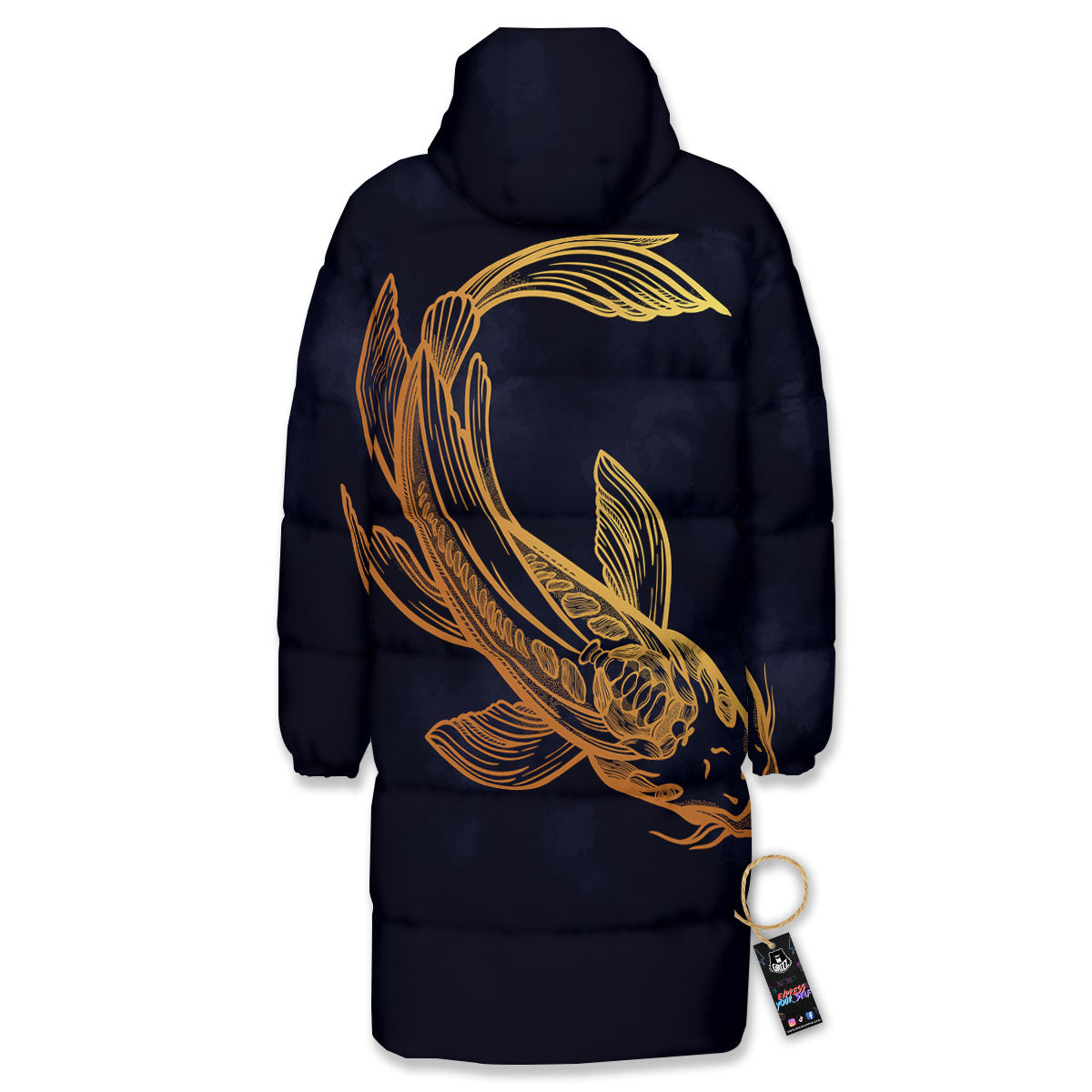 Koi Carp Golden Spiritual Print Long Down Jacket-grizzshop