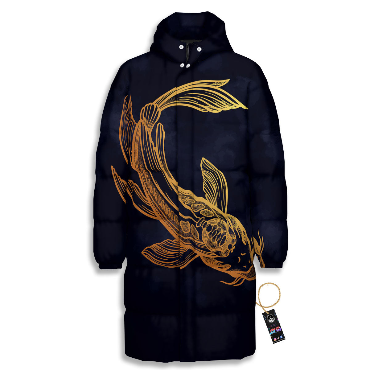 Koi Carp Golden Spiritual Print Long Down Jacket-grizzshop