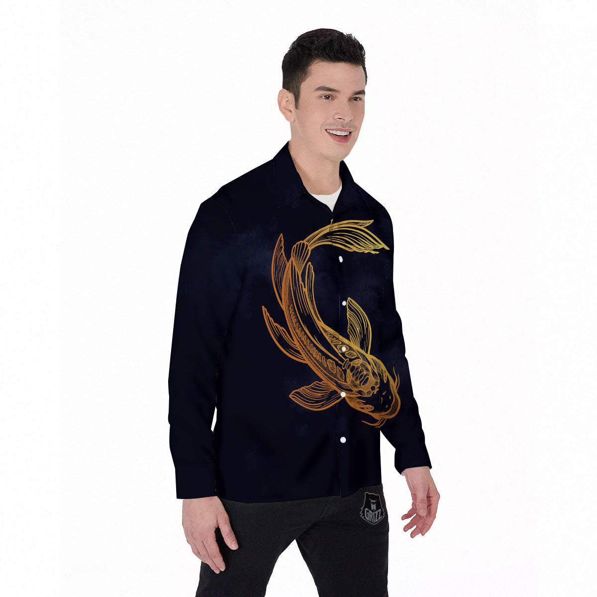 Koi Carp Golden Spiritual Print Men's Long Sleeve Shirts-grizzshop