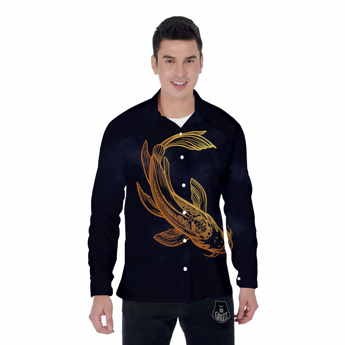 Koi Carp Golden Spiritual Print Men's Long Sleeve Shirts-grizzshop