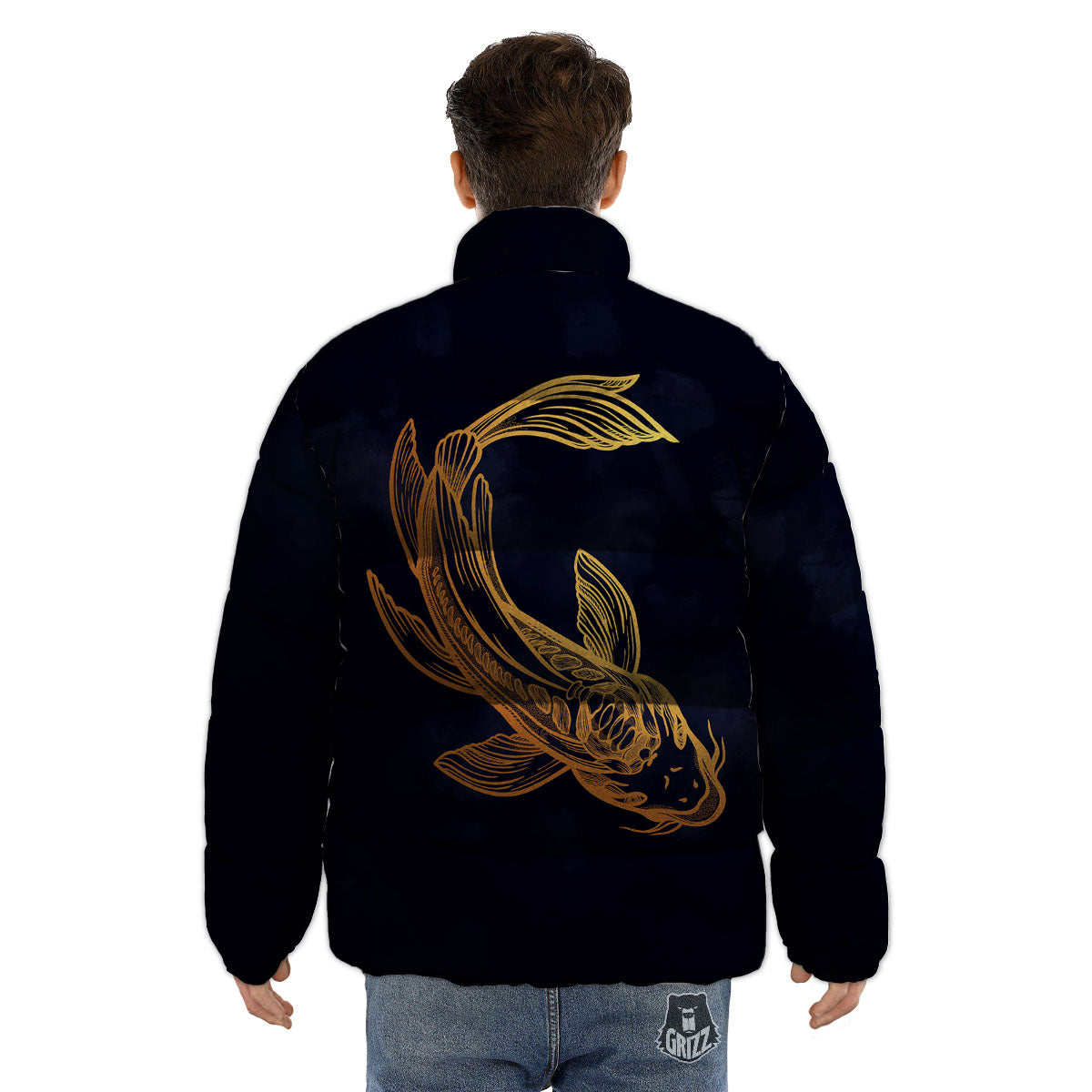 Koi Carp Golden Spiritual Print Puffer Jacket-grizzshop