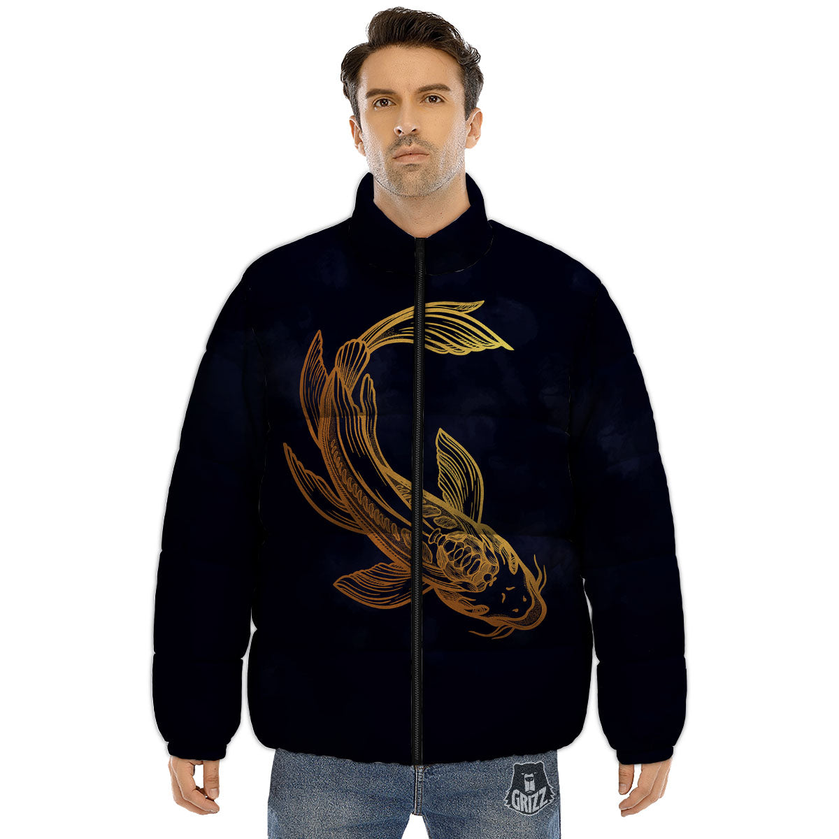 Koi Carp Golden Spiritual Print Puffer Jacket-grizzshop