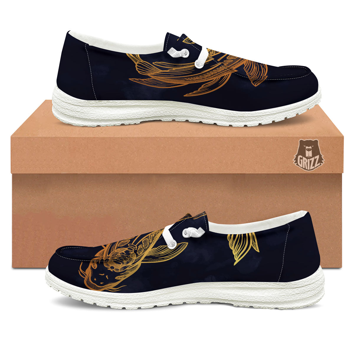 Koi Carp Golden Spiritual Print White Loafers-grizzshop
