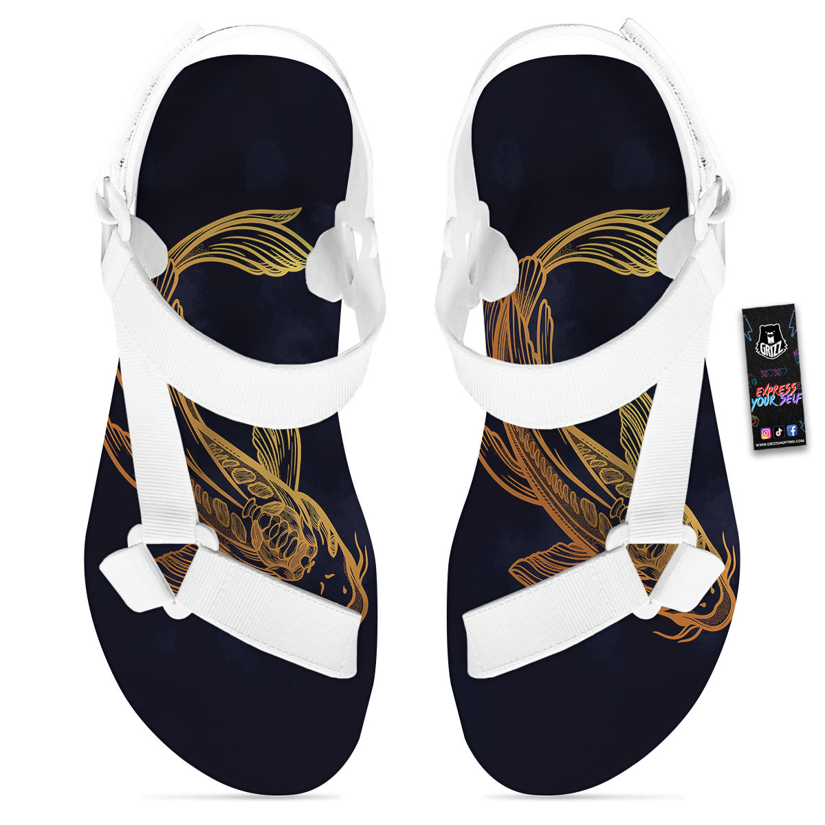 Koi Carp Golden Spiritual Print White Open Toe Sandals-grizzshop